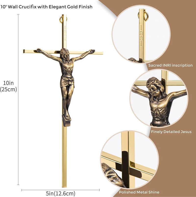 ACHIBANG Gold Crucifix Wall Cross - 10" Catholic Metal Cross with Jesus & INRI, Faith Decor for Wall or Door Display - Image 2