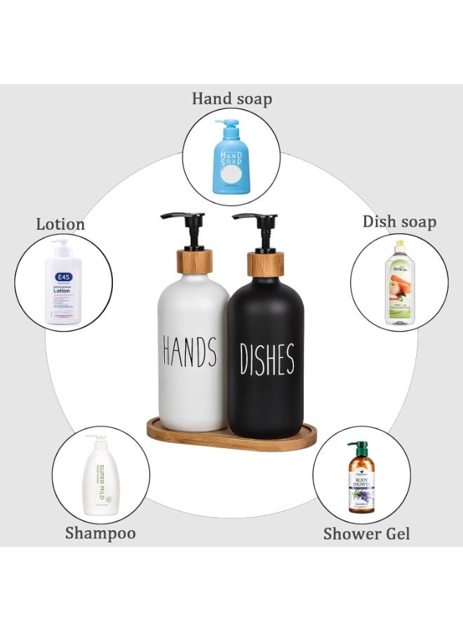 Hand Soap and Dish Soap Dispenser Set with Wooden Tray – 2 Pump Bottles, Black and White Elegant Design - Image 3