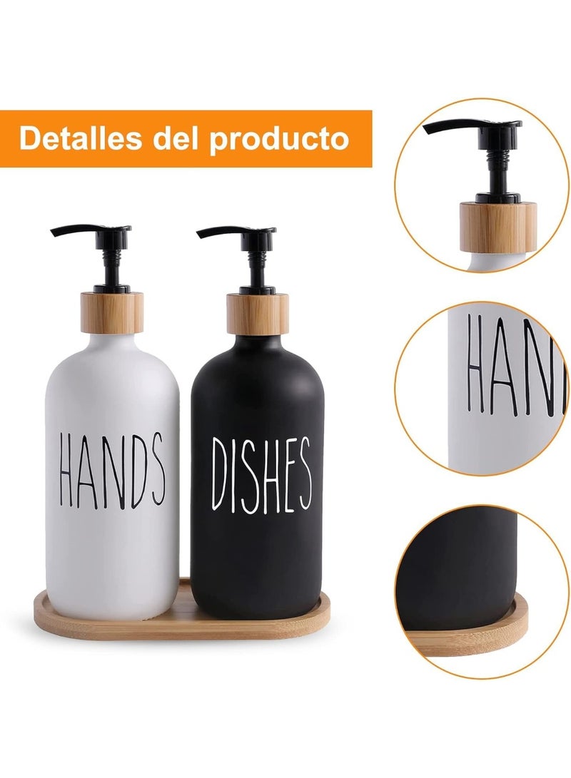 Hand Soap and Dish Soap Dispenser Set with Wooden Tray – 2 Pump Bottles, Black and White Elegant Design - Image 5