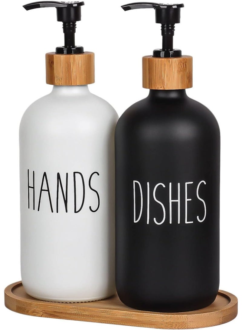 Hand Soap and Dish Soap Dispenser Set with Wooden Tray – 2 Pump Bottles, Black and White Elegant Design - Image 1