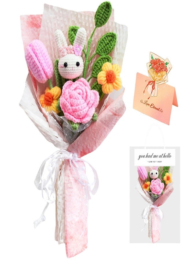 Aiouclay Crochet Flowers with Bunny, Cute Plush Rabbit Easter Gift,Knitted Rose Bouquet Pink, Cute Handmade Flowers Gift for Women Girl Daughter Dancer Birthday Graduation Home Decor (Pink) - Image 1
