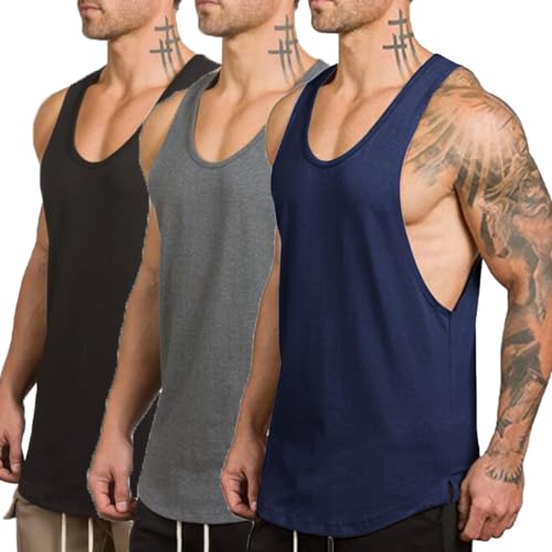 ZUEVI 3 Pack Muscle Tank Tops for Men Sleeveless Cut Off Shirts Bodybuilding Gym Workout Stringer T-Shirts (Black&Grey&Navy Blue-L) - Image 1