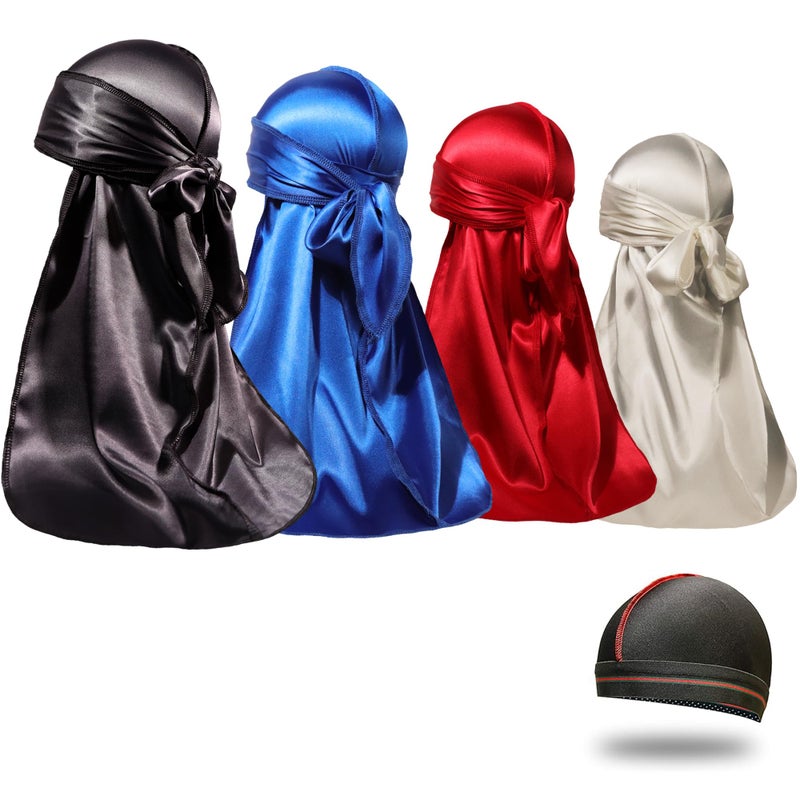 ForceWave 4PCS Silky Durags for Men Women 360 Waves with 1 Wave Cap, Silky Satin Durag Extra Long Tails - Image 1