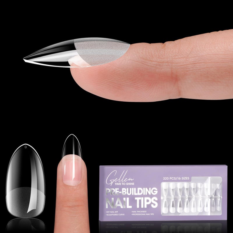 Gellen Tipex Pre-building Nail Tips, 320pcs Built-in Apex Medium Almond Nail Tips, 16 Sizes Full Cover Pre-file NailTips for Easy Wearing, Thicken Nails for Flat Nails - Image 1