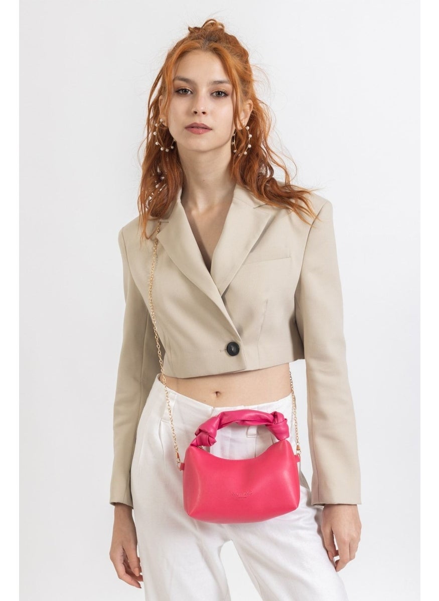 Tekno Trust - Type 4 Women's Fuchsia Soft Leather Knot Detailed Handle Chain Strap Mini Hand Shoulder Baguette Bag 0 -1 L Ca - Image 1