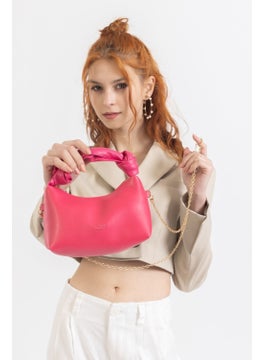 Tekno Trust Type 4 Women's Fuchsia Soft Leather Knot Detailed Handle Chain Strap Mini Hand Shoulder Baguette Bag 0 -1 L Ca  - Image 4