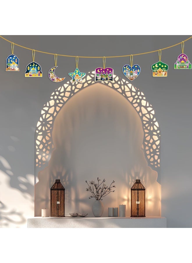 Cartoon Eid & Ramadan Hanging Decoration Set – Moon & Mosque DIY Ornaments with Stickers and Strings (48pcs) - Image 2