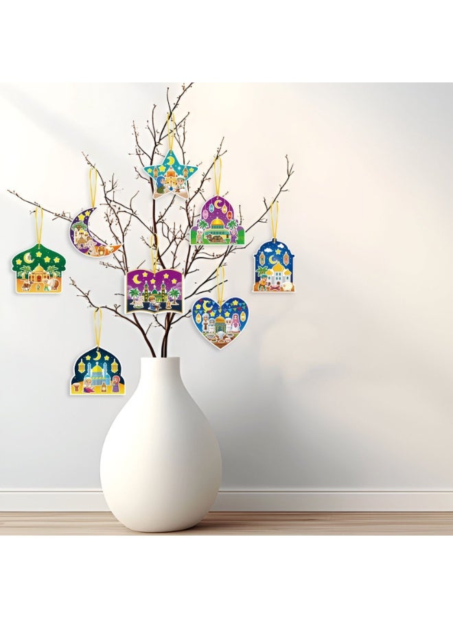 Cartoon Eid & Ramadan Hanging Decoration Set – Moon & Mosque DIY Ornaments with Stickers and Strings (48pcs) - Image 3