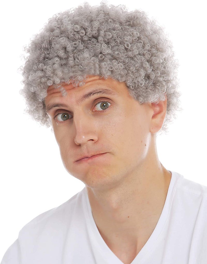 Grey Afro Wig for Men Short Curly Halloween Disco Rock Wig Heat Resistant Synthetic Wigs with Wig Cap