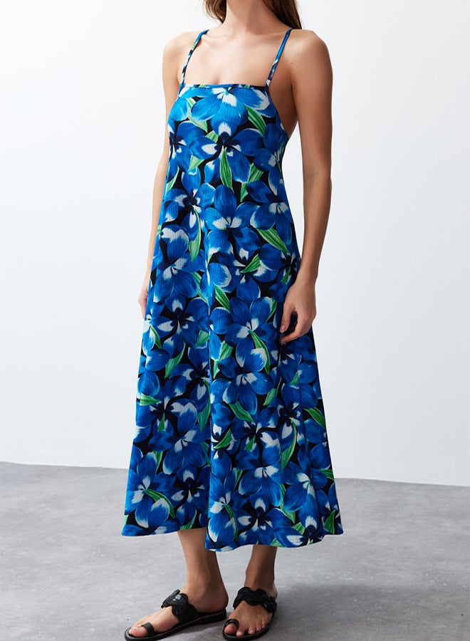 Blue Printed Adjustable Straps Square Neck A-Line Crepe/Textured Knit Maxi Dress