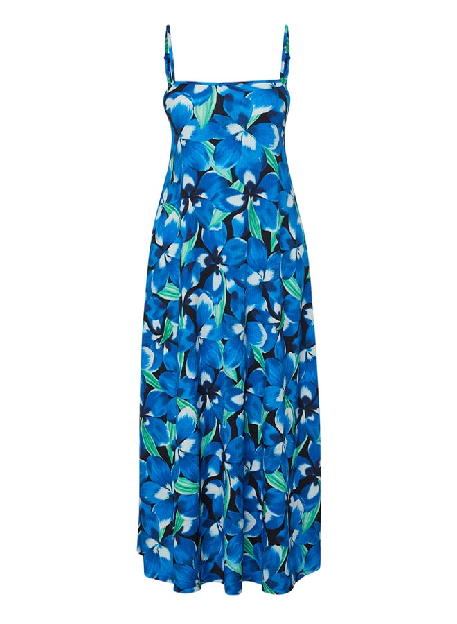Blue Printed Adjustable Straps Square Neck A-Line Crepe/Textured Knit Maxi Dress