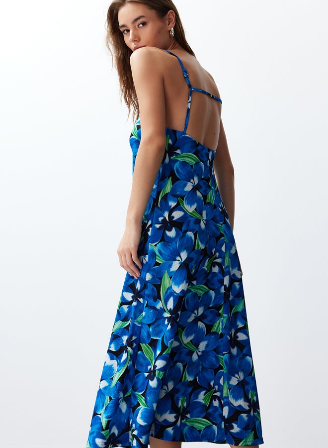 Blue Printed Adjustable Straps Square Neck A-Line Crepe/Textured Knit Maxi Dress