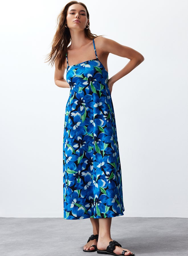 Blue Printed Adjustable Straps Square Neck A-Line Crepe/Textured Knit Maxi Dress