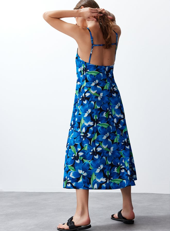 Blue Printed Adjustable Straps Square Neck A-Line Crepe/Textured Knit Maxi Dress