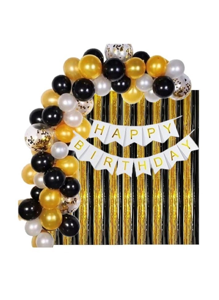 Boxwoods Happy Birthday Banner And Balloons Arch Set With 2 Golden Black Foil Metallic Curtains - Image 1
