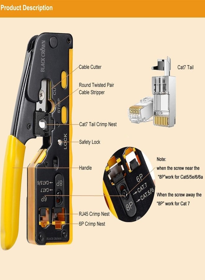 BLACK CROWN Rj45 Crimp Tool Pass Through Ethernet Crimping Tool kit for 8P-Cat7 Cat6 Cat5 6P,Shielded & Unshielded Standard Modular Plugs, Ethernet Crimping Tool, RJ45 Crimper (Multi Colour). - Image 2