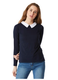Miss Chase Miss Chase Women's Navy Blue Collared Round Neck Full Sleeves Cotton Solid Buttoned Top (MCAW17TP08-97-71-04, Navy Blue, Medium)  - Image 1