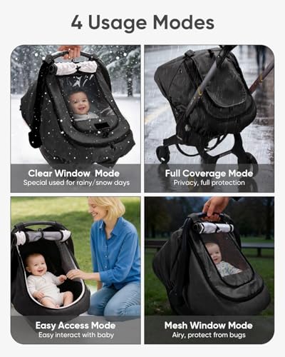 TinlyFinly Waterproof Car Seat Cover for Baby, 2-Layer Car Seat Rain Cover with Clear Window & Sunshade & Mesh Cover, Universal Infant Carseat Canopy for Stroller, Protect from Rain and Snow - Black - Image 3