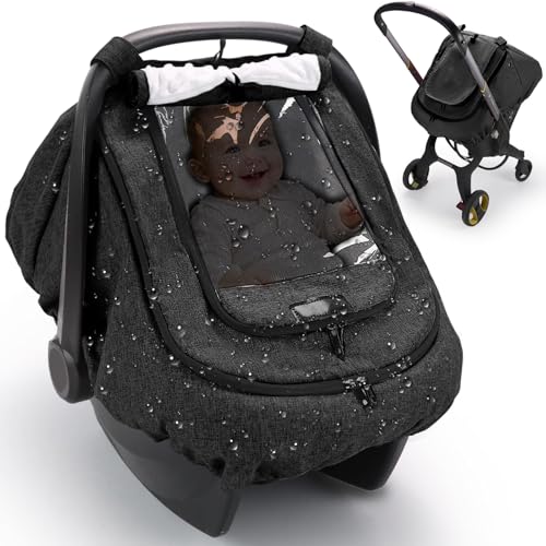 TinlyFinly Waterproof Car Seat Cover for Baby, 2-Layer Car Seat Rain Cover with Clear Window & Sunshade & Mesh Cover, Universal Infant Carseat Canopy for Stroller, Protect from Rain and Snow - Black - Image 1