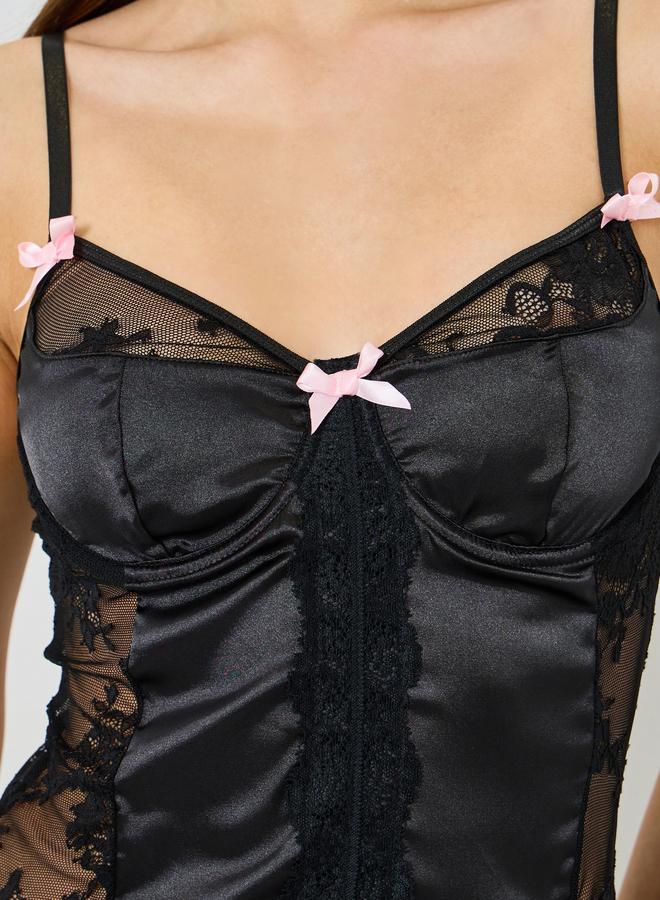 Styli Black Lace Pleated Strappy Babydoll with Brief - Image 3