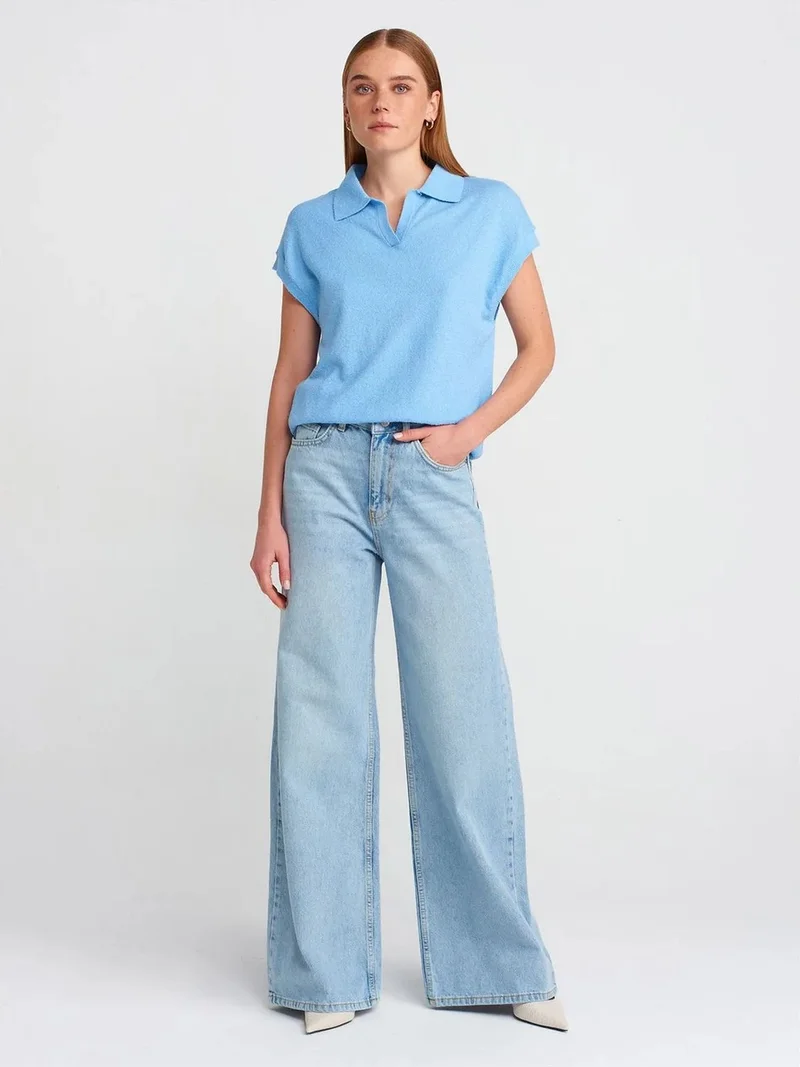 ديلفين Dilvin High Waist Wide Leg Cotton Denim Jeans