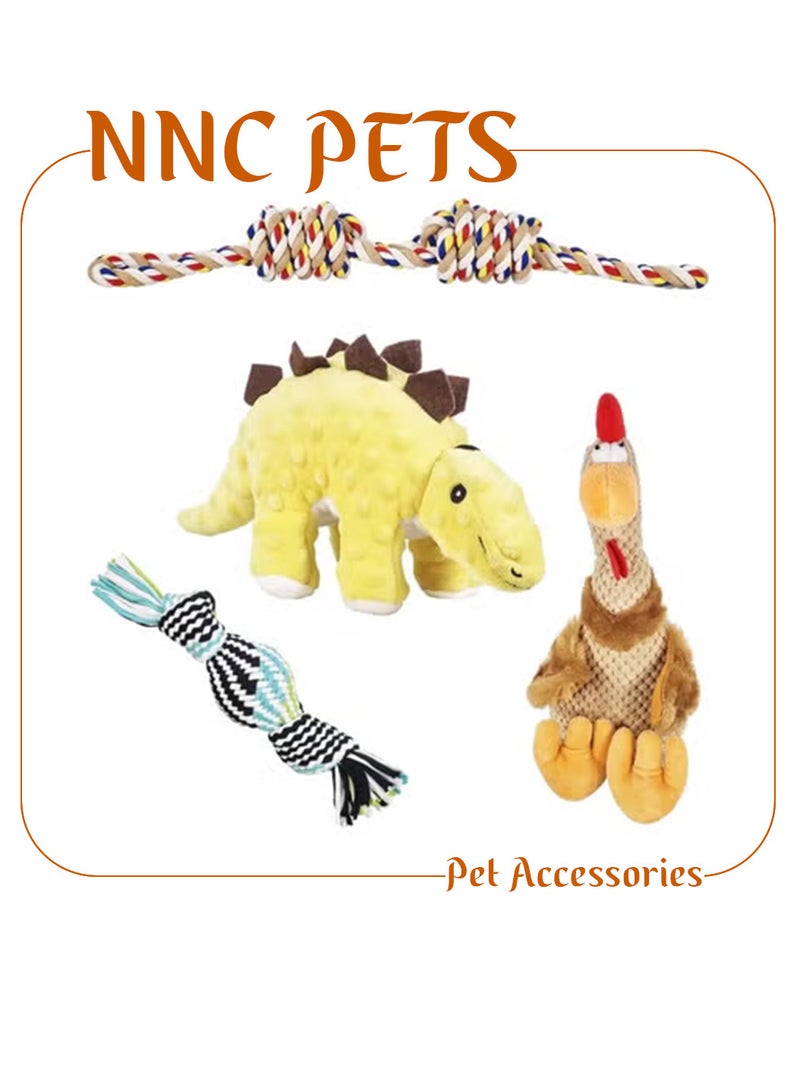 NNC PETS Puppy Toy set with 100% cotton material, Durable and Washable, Squeaky Plush Toys with Chicken, Plush Rope, Dinosaur and Cotton Rope, Combo Toy Set for Playing, Interactive, and Training, 4pcs - Image 1