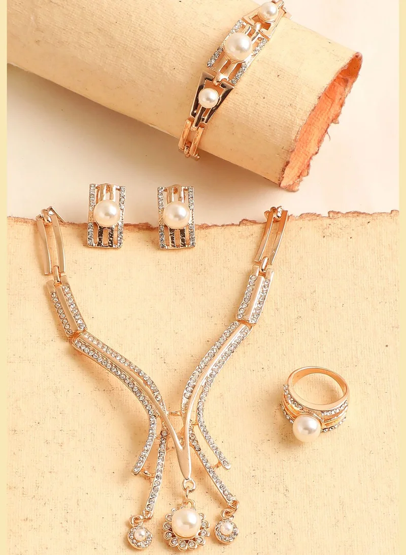SOHI Gold Plated Designer Stone Necklace, Earring, Ring and Bracelet Set