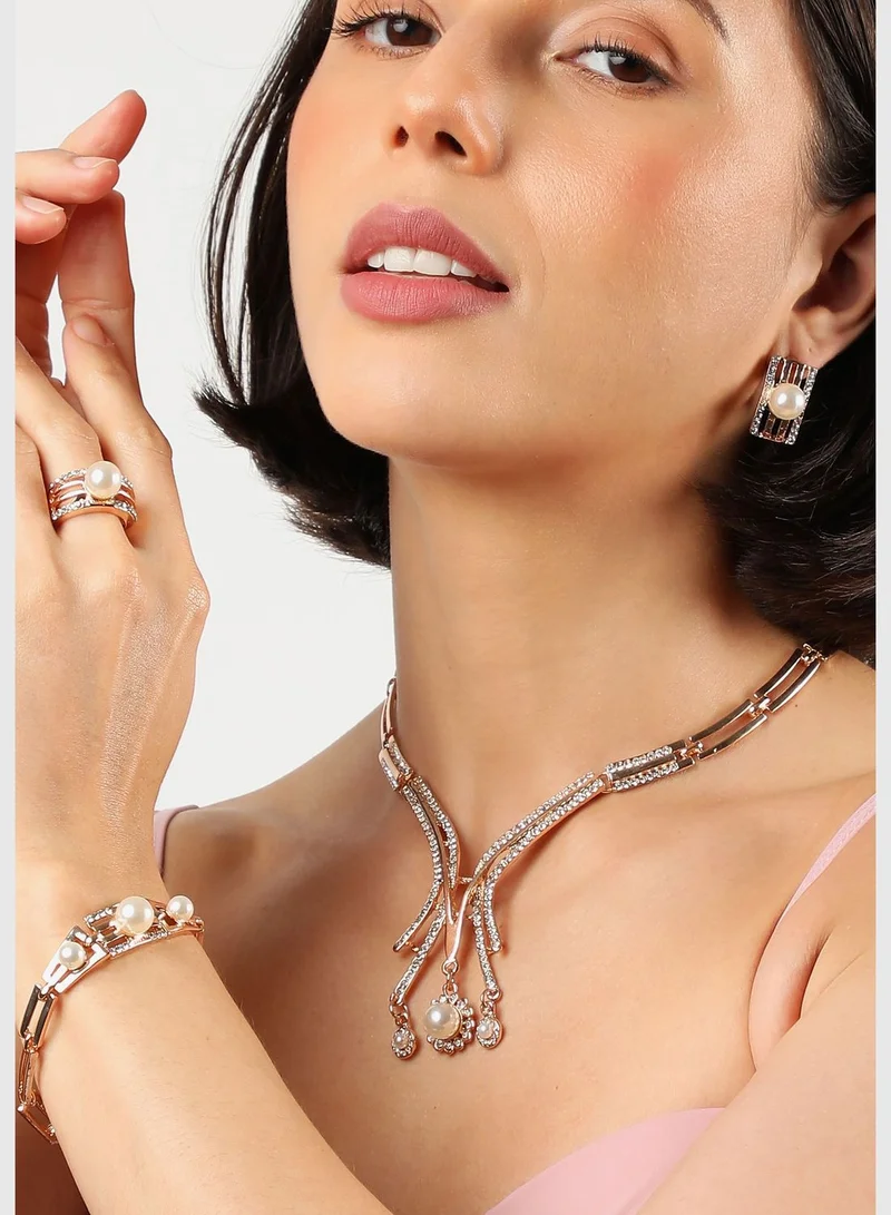 SOHI Gold Plated Designer Stone Necklace, Earring, Ring and Bracelet Set