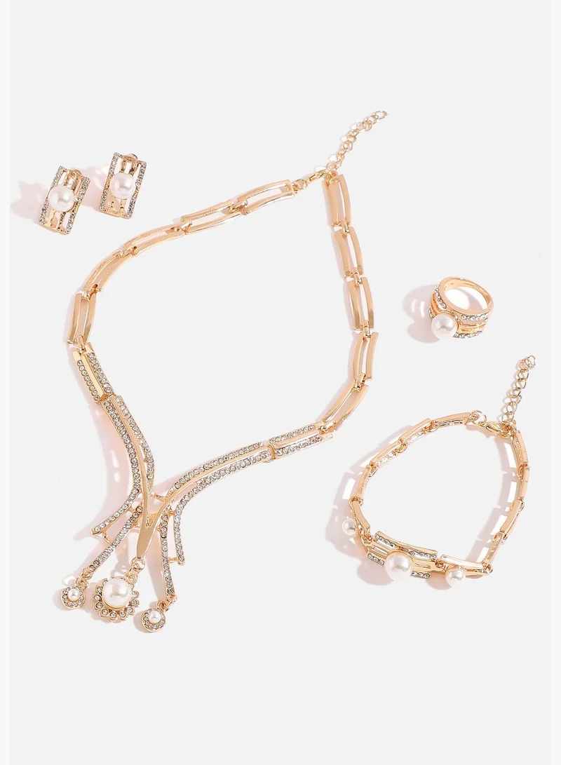 SOHI Gold Plated Designer Stone Necklace, Earring, Ring and Bracelet Set