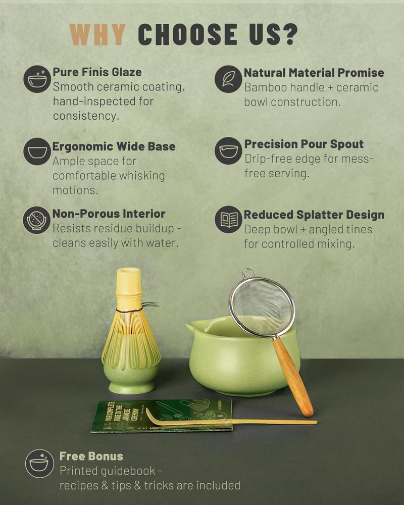 Nucookery Matcha Whisk Set - 5 Pcs Matcha Set with 18oz Ceramic Matcha Bowl (Chawan) with Spout, Bamboo Whisk & Holder, Scoop and Sifter | Complete Matcha Kit for Japanese Tea Ceremony - Image 3