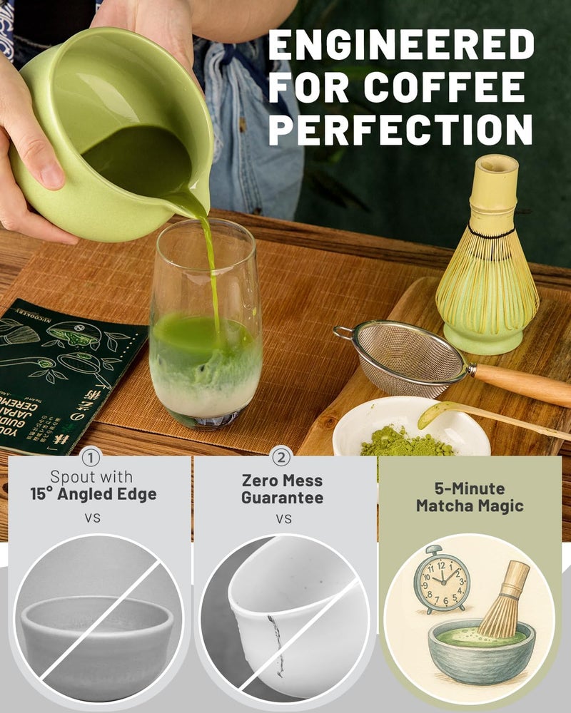 Nucookery Matcha Whisk Set - 5 Pcs Matcha Set with 18oz Ceramic Matcha Bowl (Chawan) with Spout, Bamboo Whisk & Holder, Scoop and Sifter | Complete Matcha Kit for Japanese Tea Ceremony - Image 5