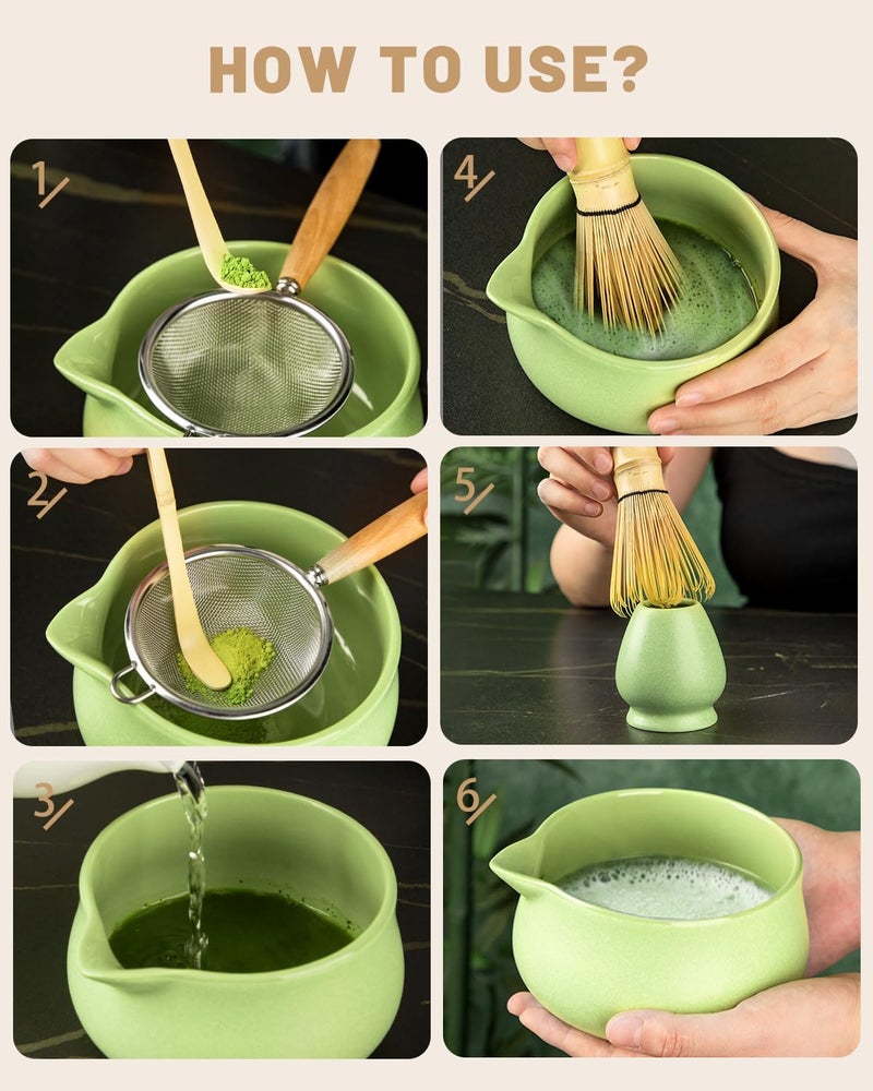 Nucookery Matcha Whisk Set - 5 Pcs Matcha Set with 18oz Ceramic Matcha Bowl (Chawan) with Spout, Bamboo Whisk & Holder, Scoop and Sifter | Complete Matcha Kit for Japanese Tea Ceremony - Image 4