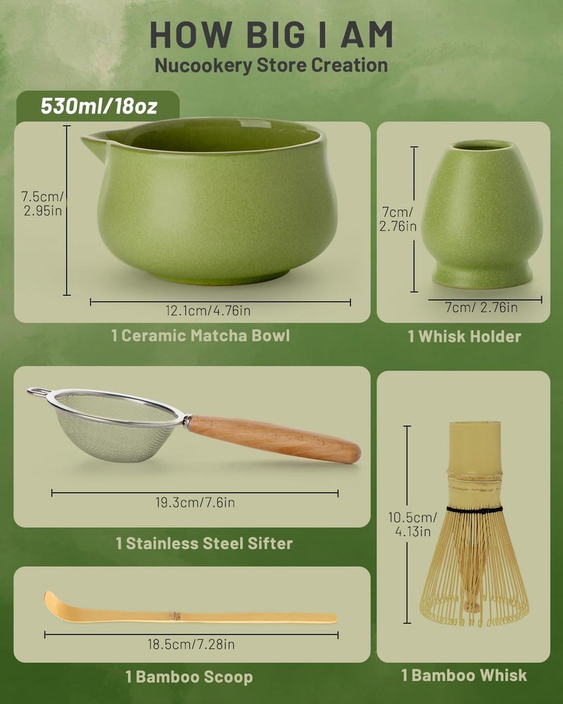 Nucookery Matcha Whisk Set - 5 Pcs Matcha Set with 18oz Ceramic Matcha Bowl (Chawan) with Spout, Bamboo Whisk & Holder, Scoop and Sifter | Complete Matcha Kit for Japanese Tea Ceremony - Image 2
