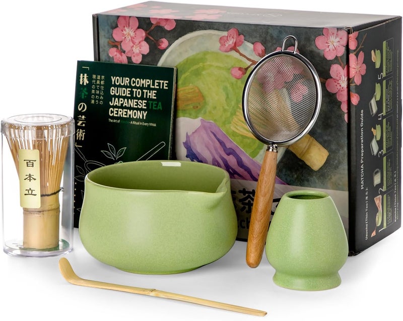 Nucookery Matcha Whisk Set - 5 Pcs Matcha Set with 18oz Ceramic Matcha Bowl (Chawan) with Spout, Bamboo Whisk & Holder, Scoop and Sifter | Complete Matcha Kit for Japanese Tea Ceremony - Image 1