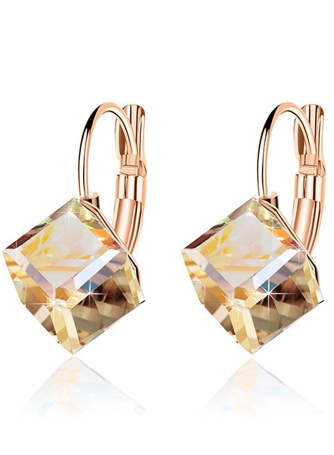 EVEVIC Cube Austrian Crystal Drop Leverback Earrings for Women Fashion 14K Rose Gold Plated Hypoallergenic Jewelry - Image 1
