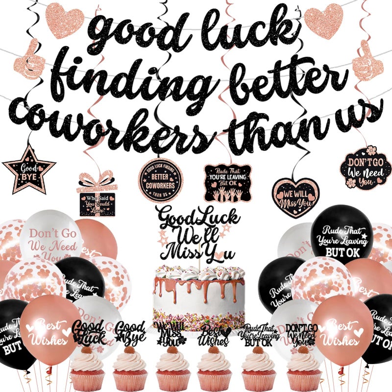 Roetyce Coworker Farewell Decorations, Rose Gold Good Luck Finding Better Coworkers Than Us Banner Cake Toppers Balloons Hanging Swirls, Pink Going Away/Goodbye/Leaving Party Supplies for Job Change - Image 1