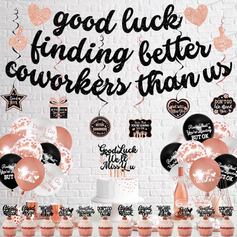 Roetyce Coworker Farewell Decorations, Rose Gold Good Luck Finding Better Coworkers Than Us Banner Cake Toppers Balloons Hanging Swirls, Pink Going Away/Goodbye/Leaving Party Supplies for Job Change - Image 4