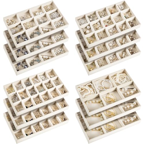 Junkin 12 Pcs Jewelry Tray Velvet Stackable Jewelry Organizer Trays Divided Earring Accessories Storage Containers Box(Beige) - Image 1