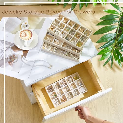 Junkin 12 Pcs Jewelry Tray Velvet Stackable Jewelry Organizer Trays Divided Earring Accessories Storage Containers Box(Beige) - Image 5