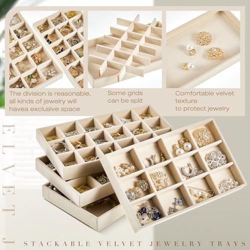 Junkin 12 Pcs Jewelry Tray Velvet Stackable Jewelry Organizer Trays Divided Earring Accessories Storage Containers Box(Beige) - Image 3