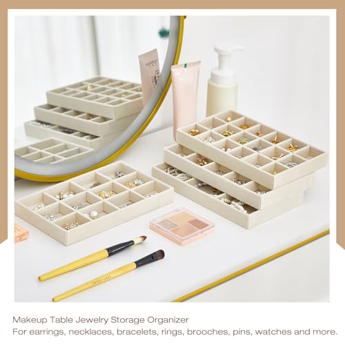 Junkin 12 Pcs Jewelry Tray Velvet Stackable Jewelry Organizer Trays Divided Earring Accessories Storage Containers Box(Beige) - Image 4