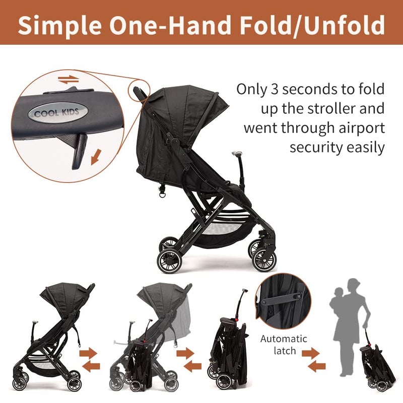 COOL KIDS Portable Stroller with Automatic Foldï¼ŒLightweight Umbrella Stroller with Pop Out Sun Canopyï¼ŒCompact Strollers for Travel(Black) - Image 3