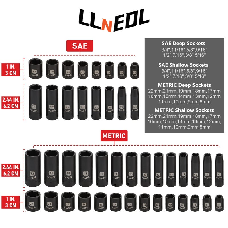 Llnedl 3/8"" Drive Impact Socket Set 95Pcs Spark Plug Socket (5/8"" 13/16"") 6 Point Metric & Sae From 5/16""- 3/4"" 8-22Mm Cr-V Deep & Shallow Kit With Quick Release Ratchet (72-Tooth) For Home & Diy - Image 3