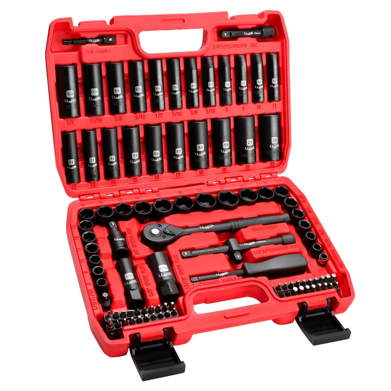 Llnedl 3/8"" Drive Impact Socket Set 95Pcs Spark Plug Socket (5/8"" 13/16"") 6 Point Metric & Sae From 5/16""- 3/4"" 8-22Mm Cr-V Deep & Shallow Kit With Quick Release Ratchet (72-Tooth) For Home & Diy - Image 1