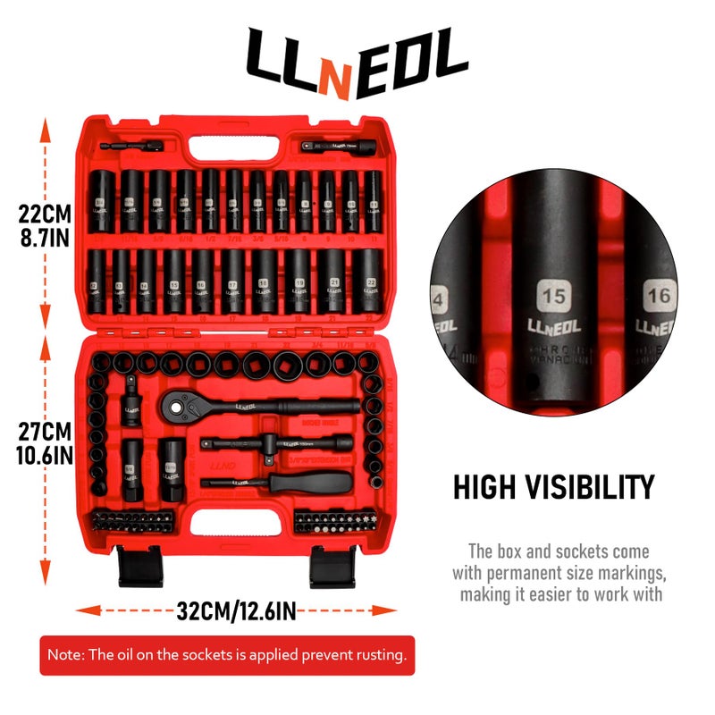 Llnedl 3/8"" Drive Impact Socket Set 95Pcs Spark Plug Socket (5/8"" 13/16"") 6 Point Metric & Sae From 5/16""- 3/4"" 8-22Mm Cr-V Deep & Shallow Kit With Quick Release Ratchet (72-Tooth) For Home & Diy - Image 2