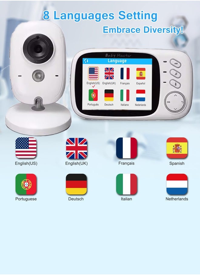 ماركة غير محددة - 3.2 بوصة شاشة LCD 270P لاسلكية LCD 270P لمراقبة الطفل بالفيديو مع كاميرا وصوت ورؤية ليلية وعرض درجة الحرارة، والتحدث في اتجاهين، وصوت صوتي، و8 تهويدات بدون واي فاي - Image 1