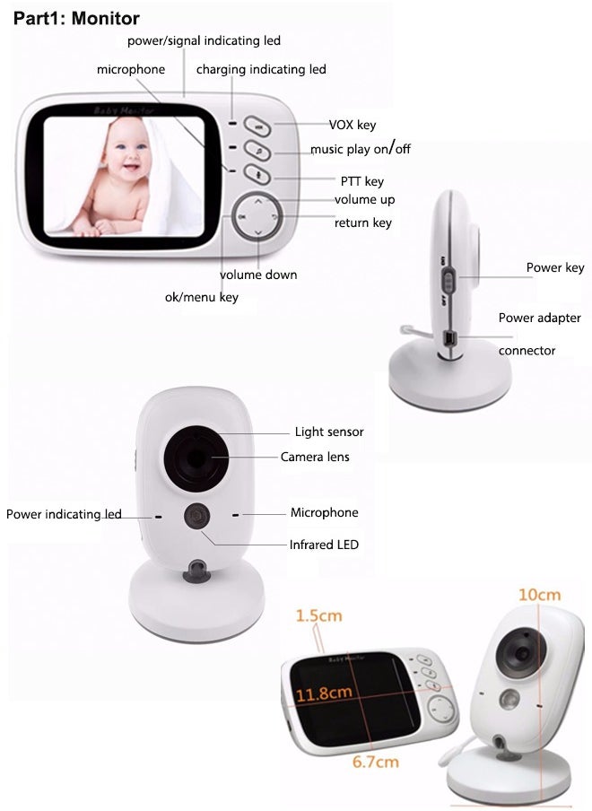 ماركة غير محددة - 3.2 بوصة شاشة LCD 270P لاسلكية LCD 270P لمراقبة الطفل بالفيديو مع كاميرا وصوت ورؤية ليلية وعرض درجة الحرارة، والتحدث في اتجاهين، وصوت صوتي، و8 تهويدات بدون واي فاي - Image 1