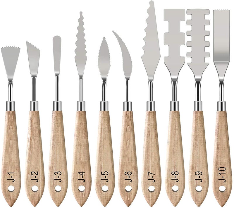 53ARTS 10 Pieces Painting Knives with Wood Grip Handle Stainless Steel Palette Knife Set Oil Painting Metal Knives Color Mixing Scraper Painting Art - Image 1