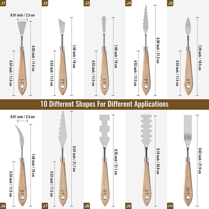 53ARTS 10 Pieces Painting Knives with Wood Grip Handle Stainless Steel Palette Knife Set Oil Painting Metal Knives Color Mixing Scraper Painting Art - Image 2