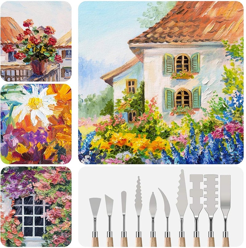 53ARTS 10 Pieces Painting Knives with Wood Grip Handle Stainless Steel Palette Knife Set Oil Painting Metal Knives Color Mixing Scraper Painting Art - Image 4